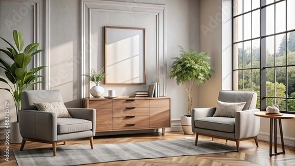 Obraz Stylish home interior with armchairs and drawer near window with mockup frame, stylish, home interior, armchairs