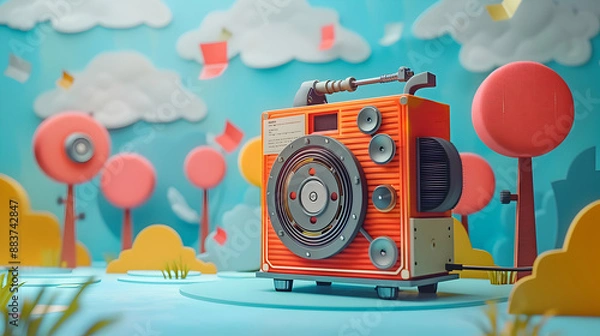 Fototapeta 3D Flat Icon: Reel to Reel Tape with Obsolete Certificate and Recorder Concept Against Whimsical Background   Nostalgic Charm and Outdated Audio Technology Symbol, Isolated on Whit