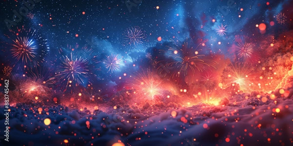 Fototapeta 夜空に輝く花火の背景イラスト