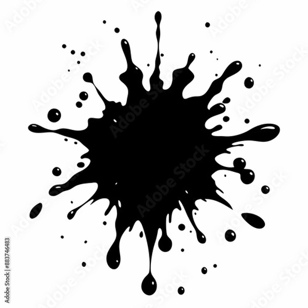 Fototapeta Abstract Black Ink Splatter with Droplets on White Background   Artistic Paint Splash Design