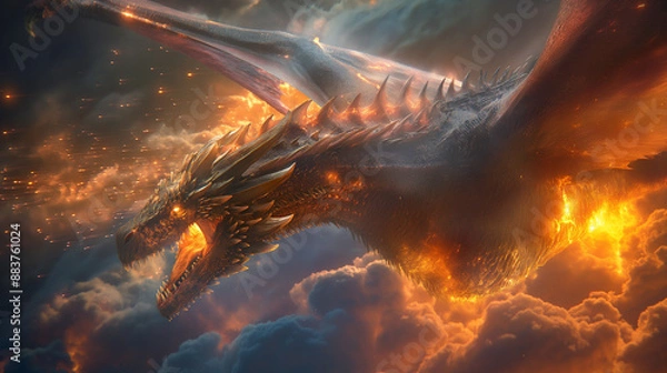 Fototapeta Game of Thrones style, a giant dragon flying in the dark sky, breathing fire ,