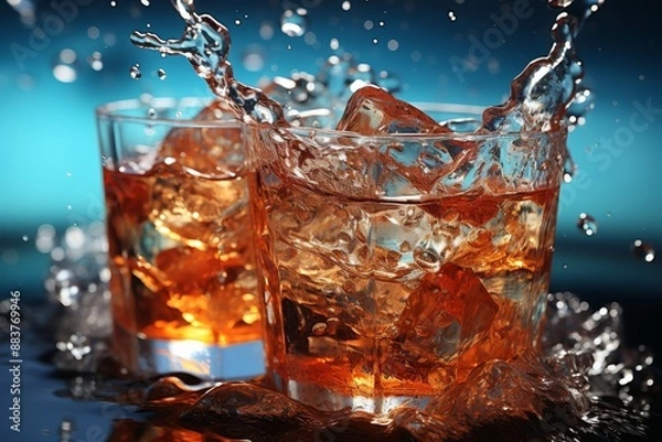 Fototapeta Dynamic image of fizzy soda splash with ice, water droplets, and sparkles on white background
