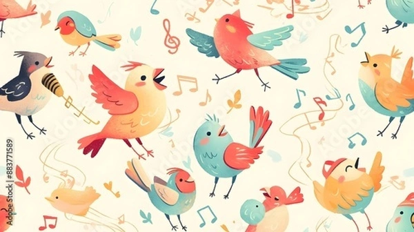 Fototapeta Vibrant Cartoon Songbirds with Floating Musical Notes in Pastel-Colored Whimsical