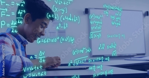 Fototapeta Image of scientific data processing over biracial male student
