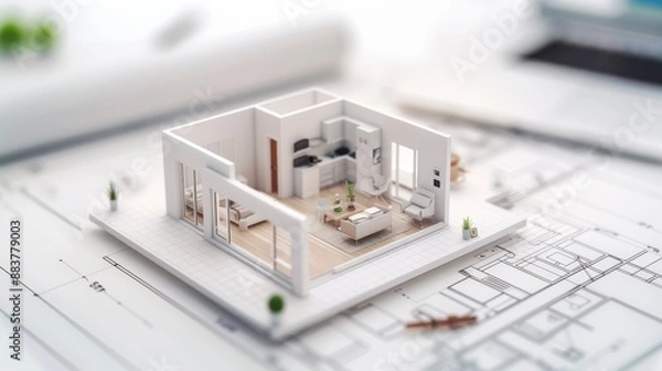 Fototapeta 3D model of a modern home layout displayed on architectural blueprints, showing interior design and space planning for residential property development.