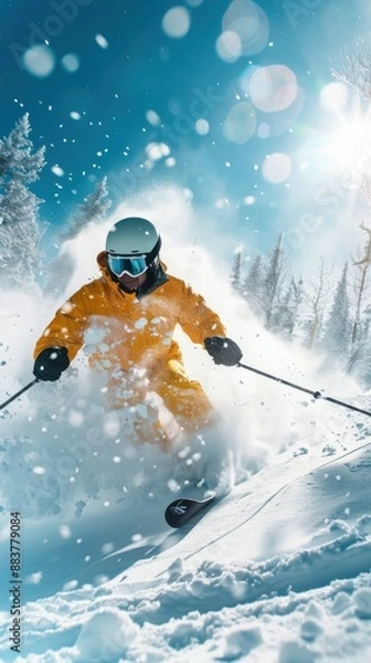 Fototapeta A skier in a yellow jacket and helmet speeds down a snowy mountain slope. The skier is making a turn, creating a plume of snow and ice. The sun shines brightly in the background, casting a warm glow o