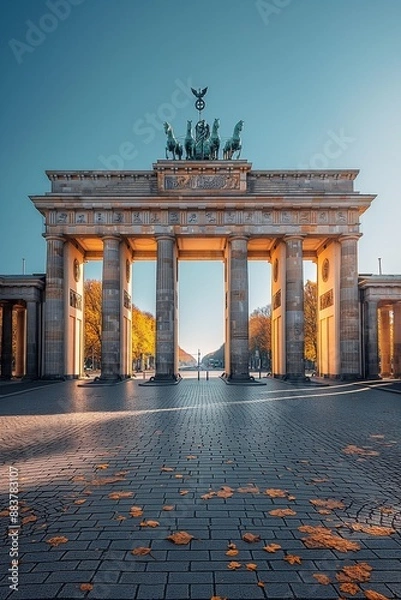 Fototapeta Brandenburg Gate captured on a sunny autumn day with fallen leaves. Berlin's historic gate under clear skies.