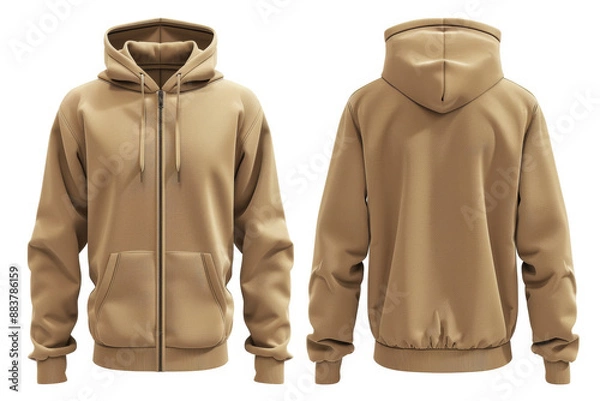 Fototapeta Basic light full-ziphoodie sweatshirt front and back view on white background.  Cloth Mockup