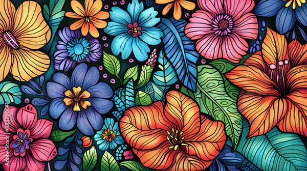 Fototapeta beautiful and dreamy pattern with flower and leaves background, soft colors