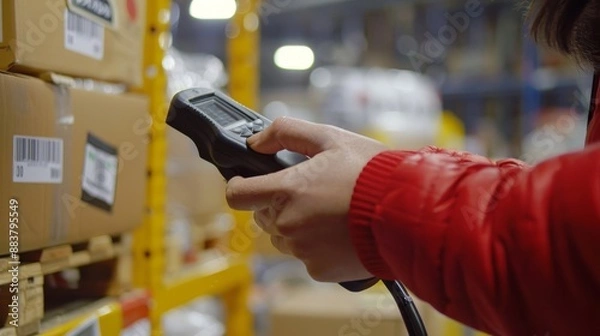 Fototapeta A man is holding a barcode scanner in a warehouse