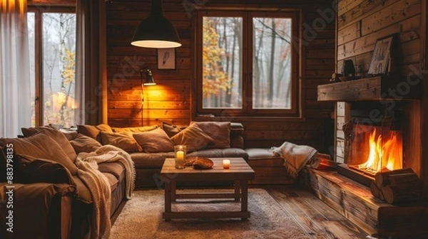 Fototapeta Cozy wooden cabin living room with a warm fireplace, comfy couch, and soft lighting, perfect for autumn relaxation.
