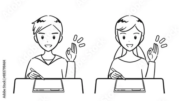 Fototapeta タブレット学習で勉強がばっちりな小学生の男子女子セット（線画）