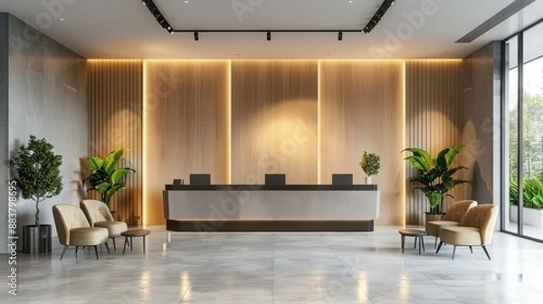 Fototapeta Modern office lobby with reception desk, stylish seating, and indoor plants, featuring clean lines, warm lighting, and a welcoming atmosphere.