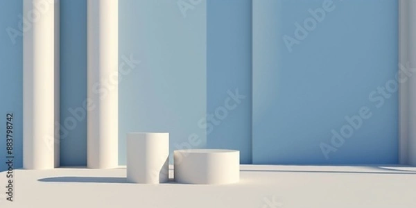 Obraz 水色背景と床と白い柱と二つの円柱展示台がある抽象横長テンプレート