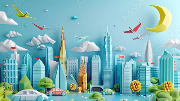 Obraz Playful cityscape with isolated flying objects AI generated illustration
