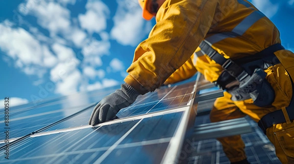 Fototapeta Close up of man technician in work gloves installing. Generative AI