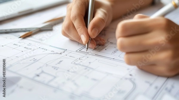 Obraz Hands working on architectural blueprint with pencil, compass, and ruler, showcasing detailed design and precision in architecture.