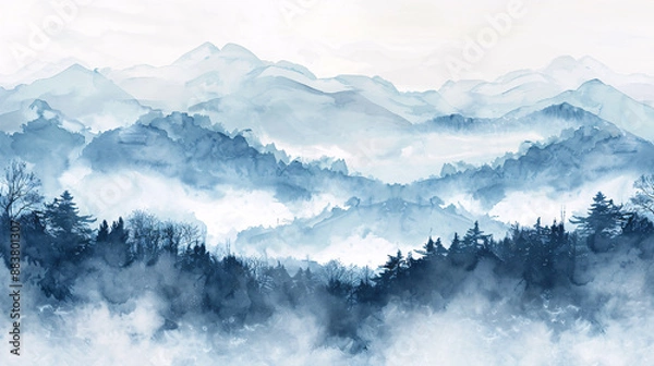 Fototapeta Misty forest landscape with mountains, watercolor style, minimalist design
