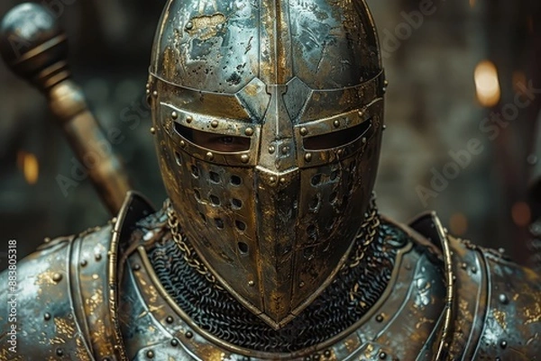 Fototapeta Medieval knight's armor with battle scars and scratches.