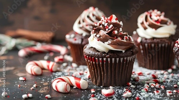 Obraz Cupcakes with chocolate and peppermint and candy cane