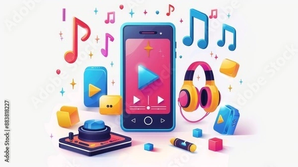 Fototapeta Colorful Headphones with Smartphone and music app,template music player with lyrics for handphone,Vector illustration of Streaming Service Concept,3D Illustration,space for text.