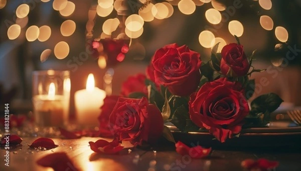 Obraz A romantic candlelit dinner with a bouquet of red roses and a bokeh effect, promoting a Valentine's Day celebration, Free space for text Valentine's Day concept