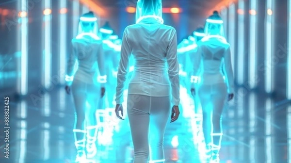 Fototapeta Futuristic Fashion Showcase: Models in Innovative Attire on a Neon-Lit Runway with Holographic Displays