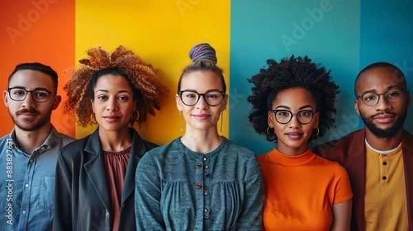Fototapeta Group of five diverse people standing in front of colorful background.