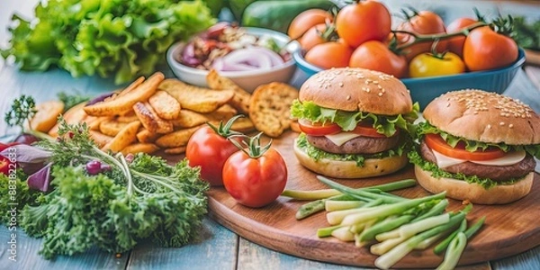 Fototapeta Vibrant array of fresh vegetables and herbs contrasted with classic combo of burgers and fries, healthy eating, nutrition
