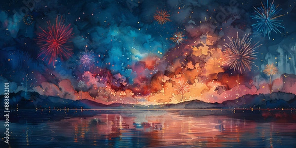 Fototapeta 夜空に広がる花火の水彩画