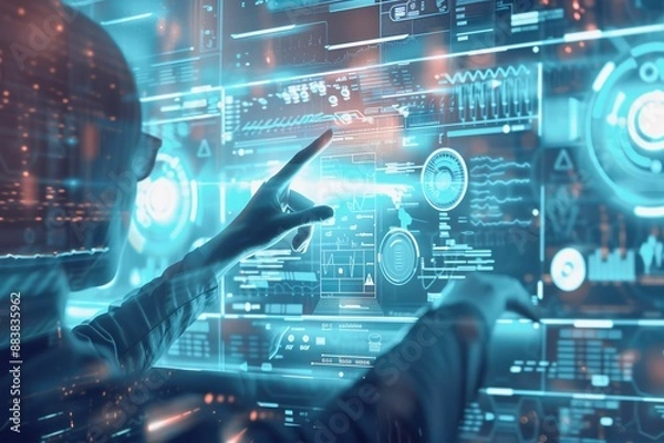 Fototapeta Person interacting with advanced digital holographic interface, displaying futuristic data visualizations and graphs in a high-tech environment.