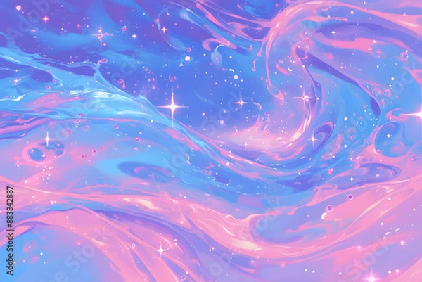 Fototapeta swirling pink and blue liquid-like fluid with stars floating in the air