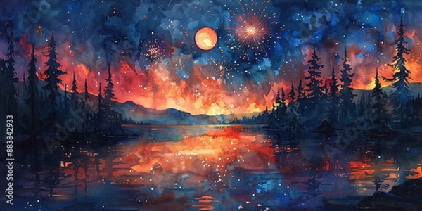 Fototapeta 夜空に広がる花火の水彩画