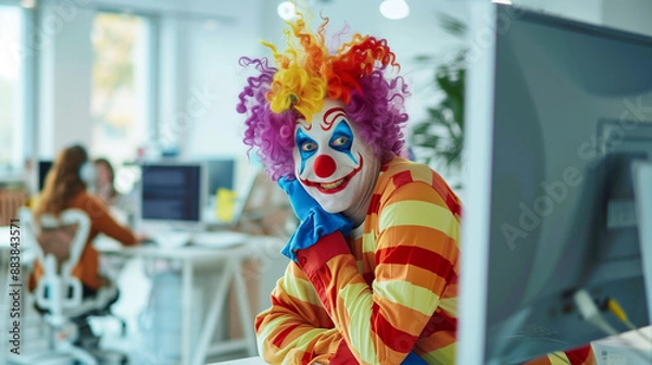 Fototapeta Clown sits at a computer at the office