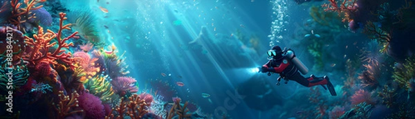 Fototapeta Diver with Diving Gear and Flashlight Exploring Fantasy Ocean   Mystical Underwater Adventure in Photo Stock Concept