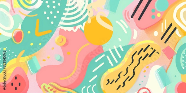 Fototapeta Colorful flat vector background with abstract shapes and patterns in pink, yellow, green, and turquoise colors. Vector illustration of a pop art design for a web banner or poster.
