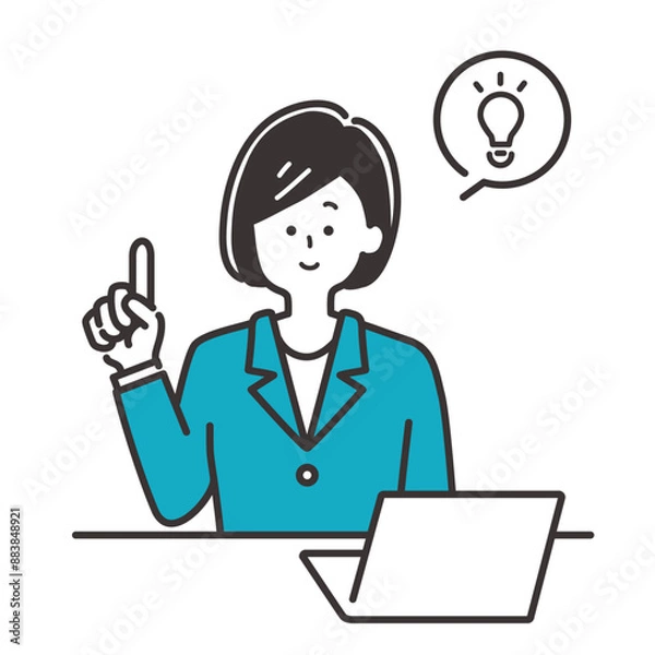 Obraz デスクでポイントを指差しで説明をするビジネスパーソン（スーツの女性）のイラスト素材