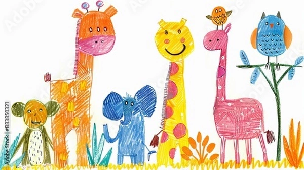 Obraz Child's Crayon Drawing of Jungle Animals