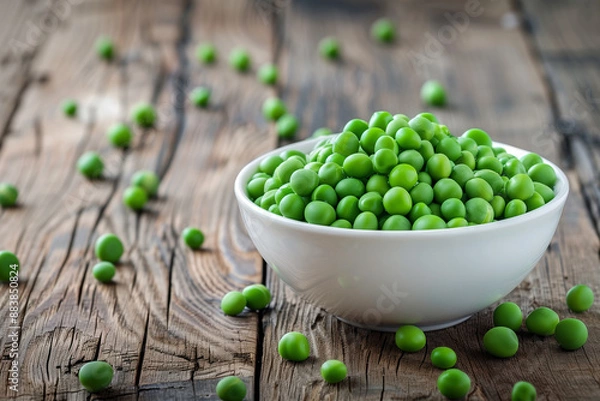 Fototapeta Bowl of green peas on wooden table. Generative AI