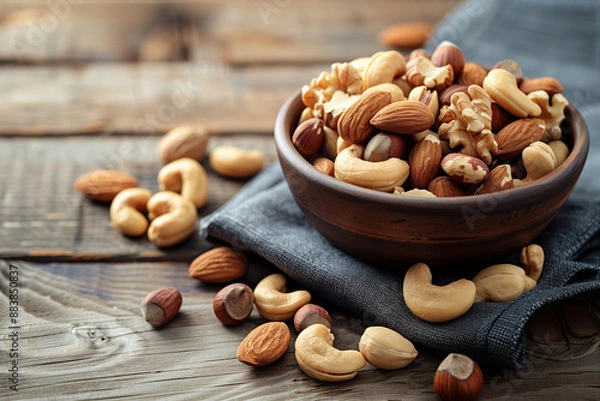 Fototapeta Varieties of mixed nuts in a bowl with some of them scattered on wooden table. Generative AI