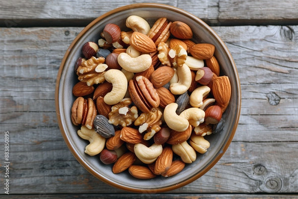 Fototapeta Top view of mixed nuts in a bowl. Generative AI
