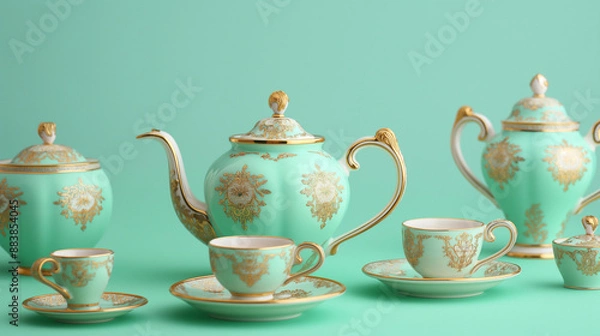 Fototapeta Tea Set on Mint Green Background A tea set with gold accents on a mint green pastel background. The set includes a teapot, sugar bowl, creamer, and tea cups with elegant patterns
