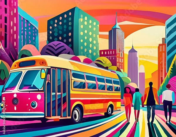 Fototapeta 1960s Retro Transportation: Minimalist Pop Art Illustration of Divers Commuters and Bus Rides