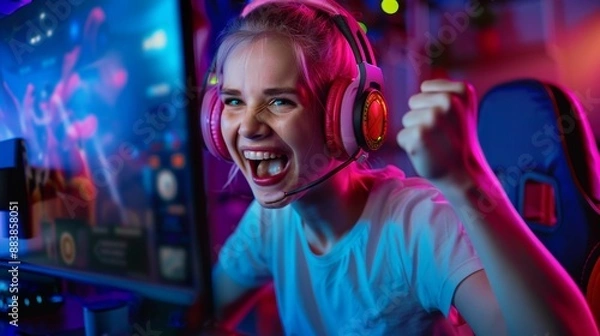 Obraz An ecstatic esports gamer celebrates victory behind the monitor reveling in her triumph at a cyberathletics competition. 