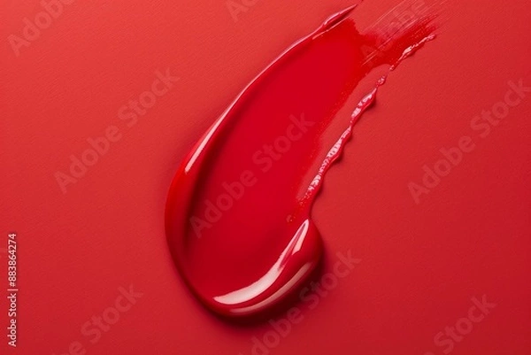 Fototapeta Texture swatch of red cream or lipstick on the red background. Copy space for text. Concept: advertising beauty photo, skin care product, cosmetic product, product for lips