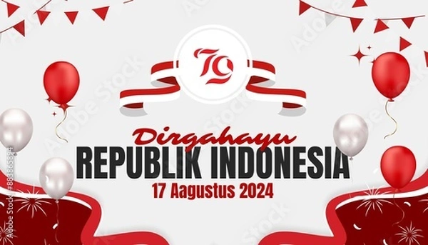 Obraz August 17. Indonesian Independence Day Greeting Card. Waving Indonesian flag isolated on red background. Patriotic symbolic background 4