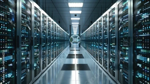 Fototapeta A cloud computing data center with rows of servers and a central AI monitoring system