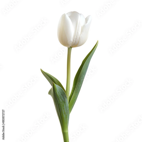 Fototapeta A close-up image of a single white tulip flower with green leaves, isolated against a white background. Perfect for spring-themed projects.
