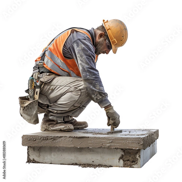 Fototapeta Construction worker in safety gear, kneeling and working on a concrete slab at a building site. Precision in construction tasks.