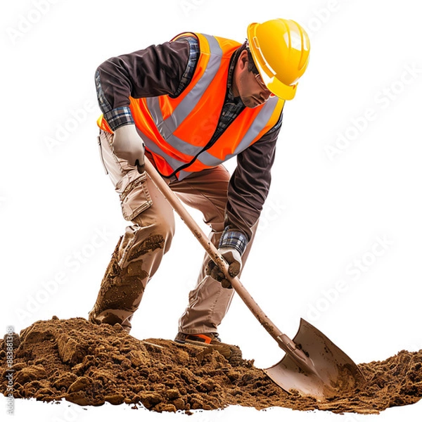 Fototapeta Construction worker wearing safety gear digging with a shovel at a construction site, emphasizing hard work and manual labor.